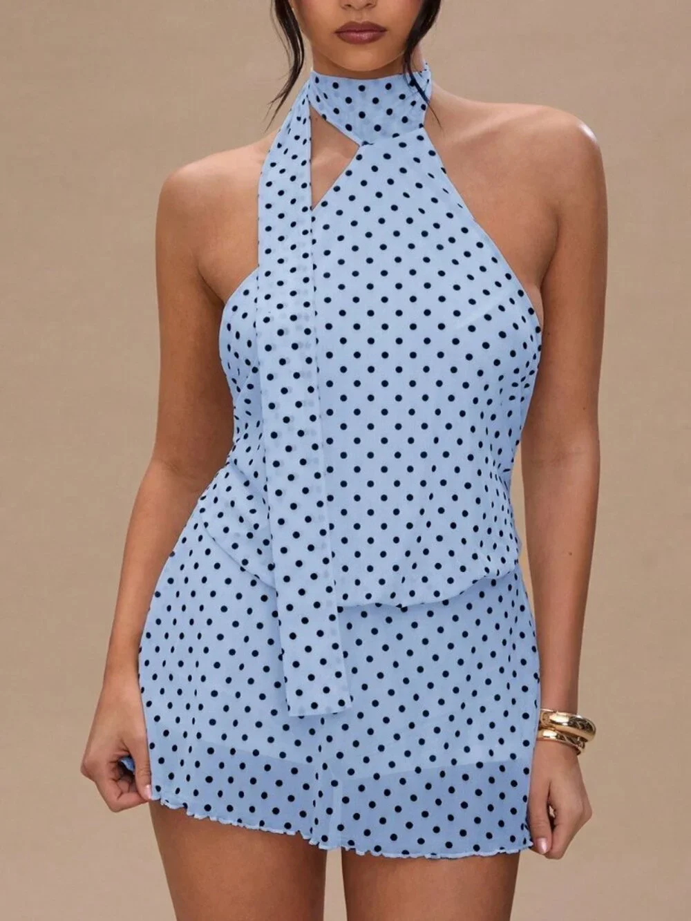 Baby Blue Casual Women's Polka Dot Print Halter Backless Dress